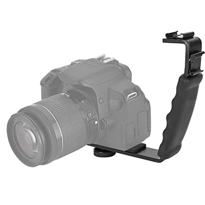 Camera Mount Flash Bracket, L Hot Shoe Mount Bracket Dual Hot Shoe Extension Heavy Duty Padded Hand Grip for Camera LED Light Microphone