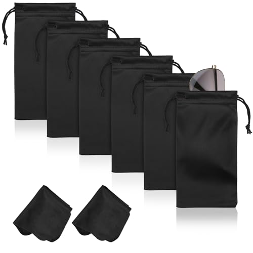 Hoiny 6 Pcs Microfiber Glasses Sunglasses Pouch with 2 Cleaning Cloths, Soft Drawstring Storage Bag for Phone, Eyeglass Case - color: Black