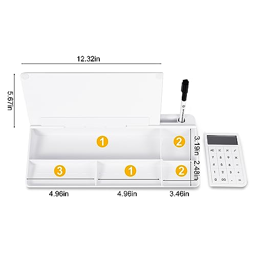 Small Glass Desktop Whiteboard Dry Erase Board with Calculator - Desktop White Board Storage Memo Notepad Computer Keyboard Stand Organizers with Accessories Markers, Eraser for Office, Home, School