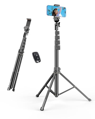 EMART 62’’ Cell Phone Tripod Stand, Adjustable Floor Cellphone Tri Pod Holder with Remote for iPhone and Android, Portable Compact Smartphone Selfie Stick for Video Recording Camera Ring Light Filming - size: 62in