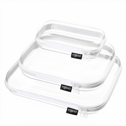 YQBRAO Clear Hard Shell Organizer Cases, Multi-Size (L, M & S), 3-Pack | 1.2 mm clear PET organizers in three sizes for toiletries, cosmetics, electronics, travel items, and everyday storage - color: White, size: LMS