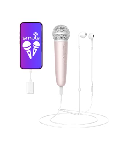 Singing Microphone with Earphone, Ideal for Vocal Recording, Podcasting, Live Streaming, Gaming, Compatible with Smule & Starmaker & Stingray, USB-C Dongle & Lightning Adapter, Pink - color: Pink