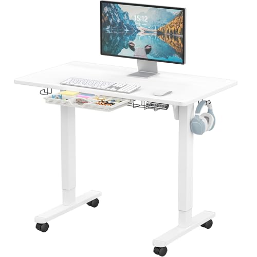 SHW 40-Inch Mobile Electric Height Adjustable Sit to Stand Desk with Drawer, Hanging Hooks and Cable Management, White - color: White