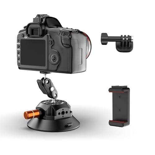 COMAN 4.5'' Suction Cup Camera Mount with Ball Head Magic Arm, Metal Camera Suction Mount for Action Cameras iPhone, Quick Release Car Mount with 1/4" & 3/8" Mounting Holes for Car Windshield Window - size: 4.5'' Suction Mount
