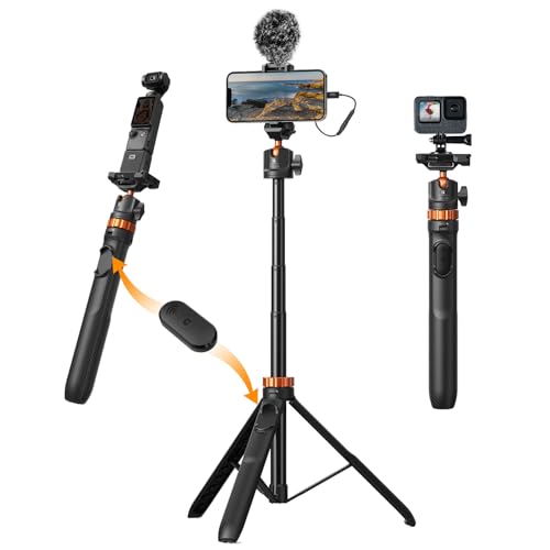 K&F CONCEPT MS08 62'' Phone Selfie Stick Tripod, 2-in-1 Extendable Cell Phone Tripod Stand with Remote, 360° Ball Head Camera Tripod Compatible with DJI Osmo Pocket 4/3 GoPro 13/12 iPhone17. - color: Black