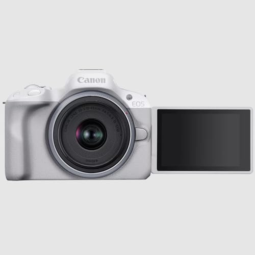 Canon EOS R50 Mirrorless Camera (White) with RF-S 18-45mm F4.5-6.3 is STM Lens 5812C012 Bundle with Deco Gear Photography Bag + Microphone + Tripod + Premium Photography Pro Ebook & Accessories Kit - color: White