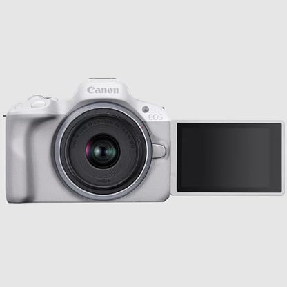 Canon EOS R50 Mirrorless Camera (White) with RF-S 18-45mm F4.5-6.3 is STM Lens 5812C012 Bundle with Deco Gear Photography Bag + Microphone + Tripod + Premium Photography Pro Ebook & Accessories Kit - color: White