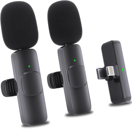 Wireless Mini Microphone for iPhone：2 Pack Lavalier Lapel Mic with AI Noise Cancellation & 70ft Range, 16H Total Battery, Plug and Play Clip-on Android Microphone for YouTube TikTok Podcast Vlogging