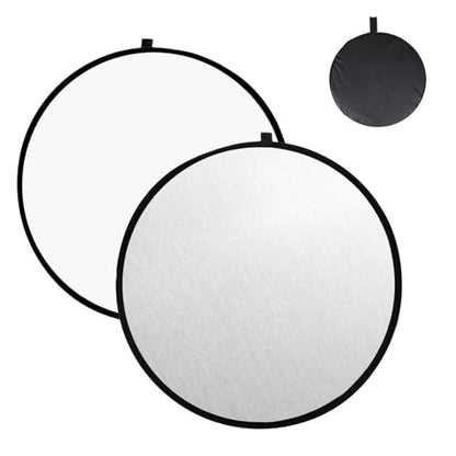 2 in 1 Photo Collapsible Photography Reflector 24'' Portable Camera Panel for Studio Outdoor Lighting Indoor Shooting, Video Portraint Photography Diffuser, White and Silver Reflector for Selfies