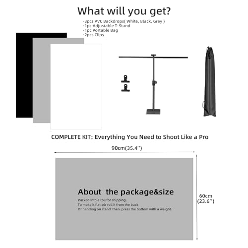 Photo Backdrop for Product Photography: Durable PVC Background Kit in 23.6x35.4in for Food & Small Product Photos - for Online Sellers & Content Creators (White Black & Grey)