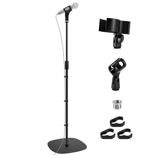 BILIONE Microphone Stand Floor, 45''-75'' Height Adjustable Boom Mic Stand with Weighted Base, 2 Clips & 3/8'' to 5/8'' Adapter Compatible with Blue Yeti HyperX QuadCast Shure SM58 - size: Mic Stand Floor
