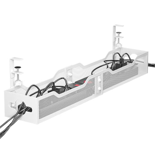 Under Desk Cable Management Tray White, Litwaro Cable Management Under Desk No Drill, 25'' Cable Tray with Clamp for Wire Management, Cord Organizer for Office, Home - No Damage to Table - color: White, size: 25"