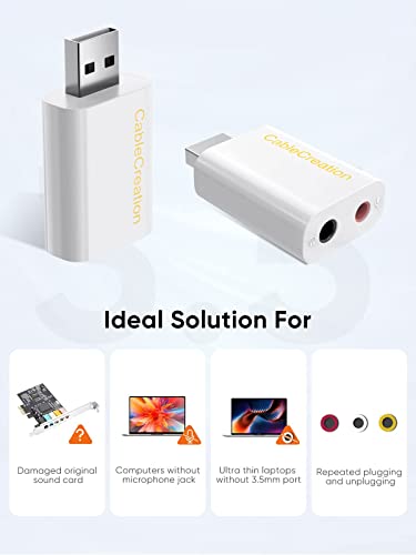 CableCreation USB Audio Adapter - External Sound Card with 3.5mm Headphone and Microphone Jack for Windows, Mac, Linux, PC, PS4, Laptops - Plug and Play, No Drivers Needed (White) (Pack of 2) - color: White, size: 2-Pack