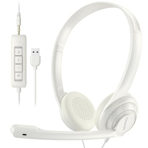NUBWO HW02 USB Computer Headset with Clear Chat Microphone, Lightweight On-Ear Wired Headset for MS Teams, Skype, Webinars, Call Center and More -White - color: White, size: 1 Pack
