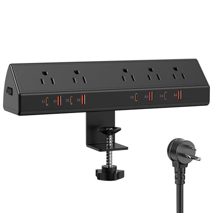 Desk Clamp Power Strip 65W Fast Charging Station,4 PD USB-C,5 Outlets,Nightstand Desk Edge Mount Tower Surge Protector,15 Amp Heavy Duty Power Strip,Fits 1.96" Tabletop Edge (Black, 6 FT Cable) - color: Black, size: 6 FT Cable