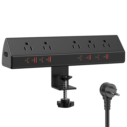 Desk Clamp Power Strip 65W Fast Charging Station,4 PD USB-C,5 Outlets,Nightstand Desk Edge Mount Tower Surge Protector,15 Amp Heavy Duty Power Strip,Fits 1.96" Tabletop Edge (Black, 6 FT Cable) - color: Black, size: 6 FT Cable