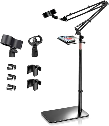 Floor Microphone Stand,Adjustable Boom Arm with Weighted Base & Tray | 5.5lb Weighted Base, Carbon Steel Construction, 2 Mic Clips, 3/8 to 5/8 Adapter, Podcast Streaming Recording Setup