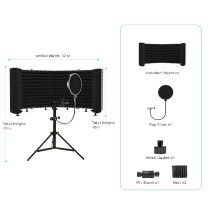 Microphone Isolation Shield – Foldable & Adjustable Soundproof Panel for Recording, Podcasting, Vocal Booth, Studio & Home Use (Six-sided low stand) - size: Six-sided low stand