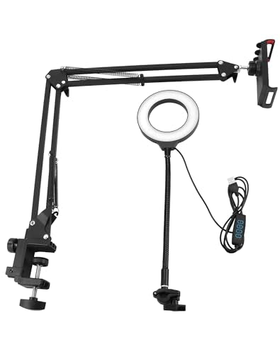 QWORK Overhead Camera Mount, Phone Mount with Ring Light, Flexible Articulating Phone Arm Stand, Phone Holder Stand, Phones Mount Clamp on Desk, for Live Stream, Video Recording and Online Teaching