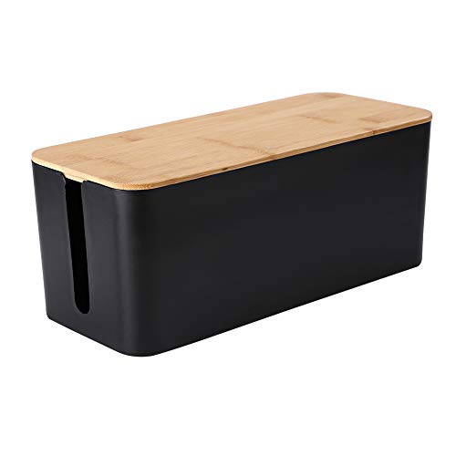 PowerKing Cable Management Boxes Organizer, Bamboo Lid, Large Storage Wires Keeper Holder for Desk, TV, Computer, USB Hub, System to Cover and Hide & Power Strips & Cords (Luxury Black) - color: Black