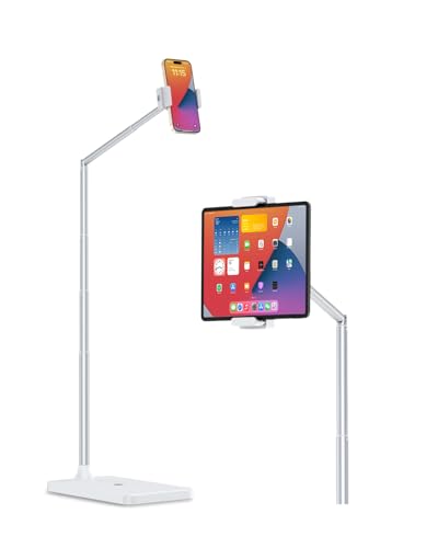 Viozon Tablet Floor Stand, Height & Angle Adjustable Tablet Holder with Aluminum Alloy Arm Tube, 360° Rotation for Bed, Sofa, Desk, Compatible with 3.5-11'' iPad Pro/Air/Mini, iPhone 15/14, Kindle. - color: White