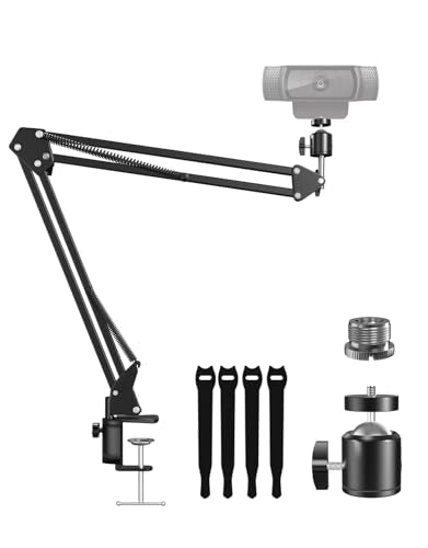 Webcam Stand, Boom Arm Camera Mount Stand for Logitech Webcam BRIO 4K C920 C920S C922 C922x C925e C930 NexiGo N60, 1/4"-3/8" and 3/8"-5/8" Screw for Blue Yeti Snowball Yeti Nano and Other Mics - size: 13.1" - 26.2" in height