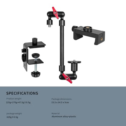 Magic Arm with Clamp, Long Articulating Arm Camera Mount, Adjustable Phone Mount Holder 360° Rotation, Mic Arm for Microphone, LED Lights, for Phone, Tripod, Desk, Table - size: 14"+clamp+phone clip