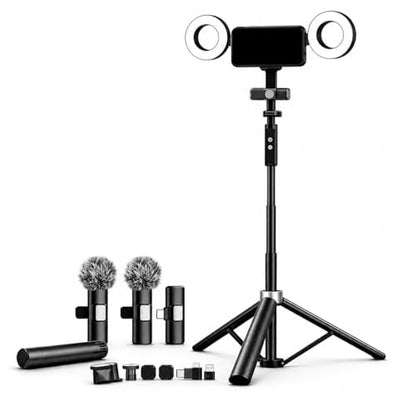 Video Recording Kit for Smartphone with Tripod Stand, Dual Ring Lights and Wireless Lavalier Microphones, Portable Vlogging Set for TikTok, YouTube, Live Streaming and Podcast Creation Pro