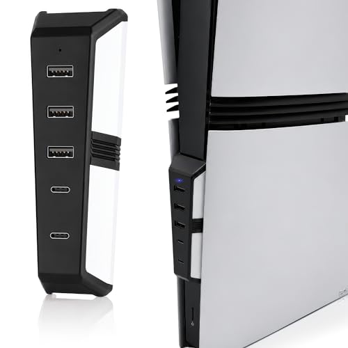 USB Hub for PS5 Pro Console, 5-Port USB Expansion Adapter with 3 USB 2.0 Ports and 2 Type-C Ports, Plug and Play USB Splitter for Controllers, Headsets, Keyboard, Mouse and Gaming Accessories