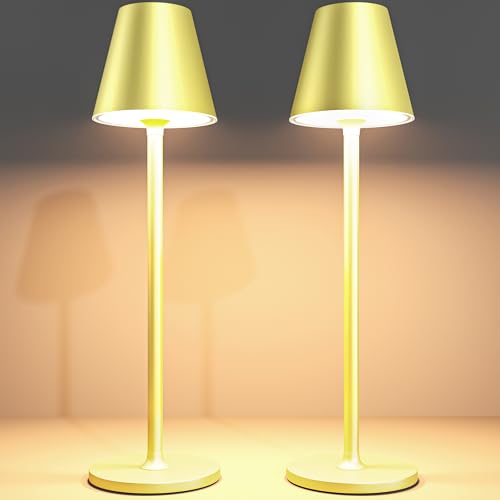 Timjorman 2-Pack Cordless Table Lamps - 5000mAh Rechargeable Battery Operated Desk Lamp, 3-Level Dimmable LED Night Light for Bedroom, Dining, Restaurant - Metal Design (Champagne Gold 2Pack) - color: Champagne gold 2Pack