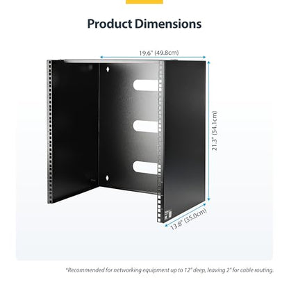 StarTech 12U Wall-Mount Patch Panel Rack, 13.75in, 125lb, TAA (WALLMNT12) | Low-profile shallow bracket, M6 screws and cage nuts, Ships assembled, Holes 16in apart, Solid steel - size: 12U
