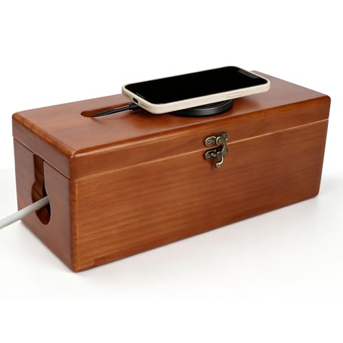Cable Management Box with Latch, Soild Wood Cord Box with 4 Open Slots, Cable Box to Hide Cords and Power Strip - size: Medium