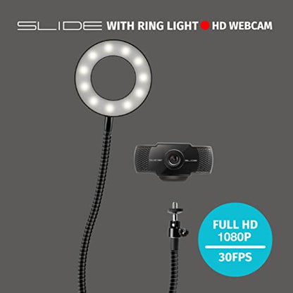 Slide 1080P HD Webcam with Portable Ring Light and Clamp-on Stand, Streaming Camera with Mic, 30 FPS, 30 Light Modes, 2 Flexible Arms, Secure Clamp, Includes Sliding Lens Cover and USB Cable - size: 1080P
