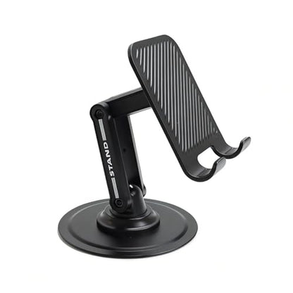 360° Rotating Adjustable Desk Phone Stand with Carbon Steel Base | 180° tilt arm, foldable design, adjustable joint tension, anti-slip silicone pads, fits 4-8 inch iPhone & Android devices