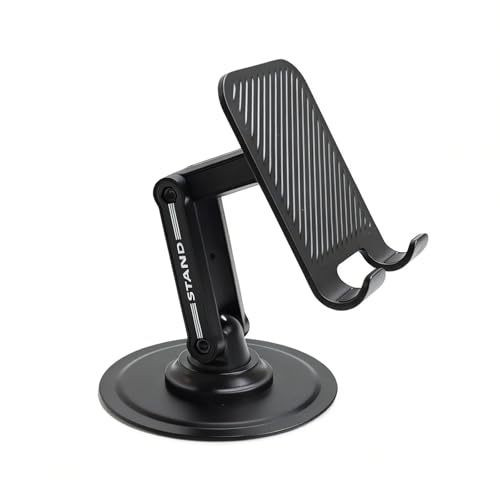 360° Rotating Adjustable Desk Phone Stand with Carbon Steel Base | 180° tilt arm, foldable design, adjustable joint tension, anti-slip silicone pads, fits 4-8 inch iPhone & Android devices