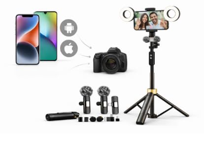 Video Recording Kit for Smartphone with Tripod Stand, Dual Ring Lights and Wireless Lavalier Microphones, Portable Vlogging Set for TikTok, YouTube, Live Streaming and Podcast Creation Pro