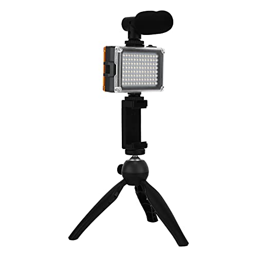 Portable Live Video Kit, Mobile Phone Photography Set with Fill Light Microphone Tripod and Phone Holder for Vlogging Live Streaming (Black) - color: Black