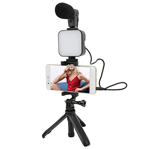 Smartphone Vlogging Kit with Microphone, Fill Light and Tripod, Phone Video Recording Kit for Live Broadcast, YouTube Vlog, Compatible with 5.5-8cm Phones, Includes 360° Rotatabl