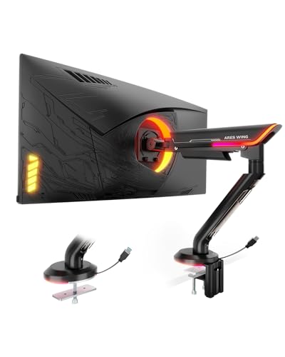 ARES WING Single Monitor Mount with RGB, Heavy-Duty Gaming Monitor Arm fits for 24"-57" Ultrawide Screen, Adjustable Computer Monitor Stand Holds Up to 60LBS with VESA Mount, Clamp & Grommet, Black - color: BLACK, style: RGB