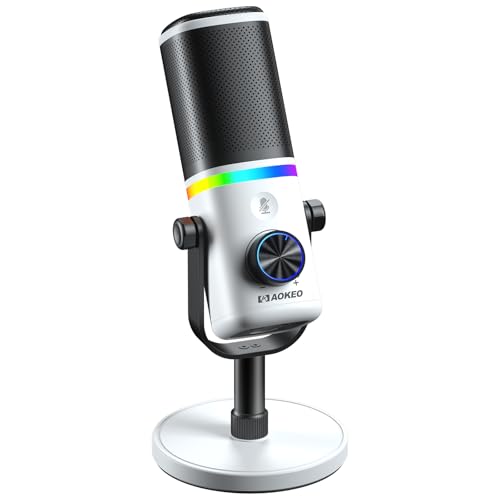 Aokeo Microphone for PC, AK-10 USB/XLR Dynamic Desktop Microphone for Gaming,Podcast,Streaming with RGB Light,Volume Control,Mute Button,Noise Reduction(White) - color: White