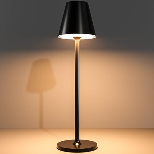 Timjorman Modern LED Cordless Table Lamp, 4000mAh Rechargeable Battery, 3 Level Brightness Night Light, Metal Shell, Minimalist Design, for Couples Dinner/Coffee Table/Restaurant/Bedroom, Black - color: Black
