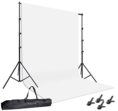 HYJ-INC Photo Background Support System with 8.5 x 10ft Backdrop Stand Kit, 100% White Cotton Muslin Backdrop,Clamp, Carry Bag for Photography Video Studio