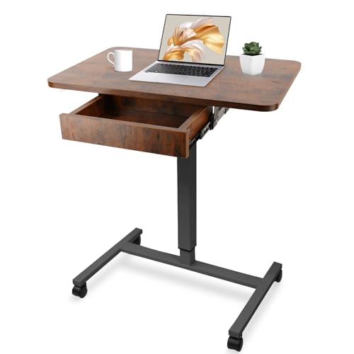 CLATINA Mobile Laptop Standing Desk, Height Adjustable Teacher Podium with Lockable Wheels, Adjustable Work Table with Drawer, Computer Cart Overbed Table for Home, Office, Classroom, Brown - color: Brown, size: With Drawer