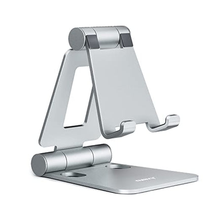 Nulaxy Dual Folding Cell Phone Stand, Fully Adjustable Foldable Desktop Phone Holder Cradle Dock Compatible with iPhone 17 16 15 14 13 12 11 Pro Max Xs Xr X 8, Nintendo Switch, All Phones - Silver - color: B-Silver
