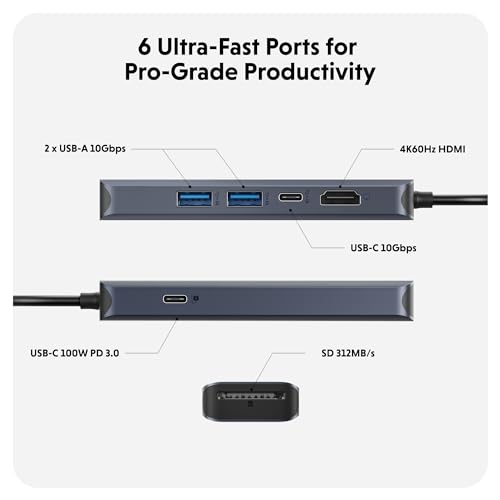 HyperDrive Next 6 Port USB C Hub for Mac, PC, Chromebook with 4K60Hz HDMI, 2 USB-A, USB-C 10Gbps 100W Power Delivery, 312 MB/s SD Card Reader Ports - size: 6 Port USB-C Hub with 2x USB-A