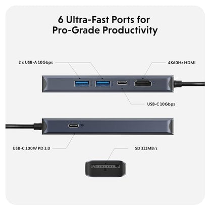 HyperDrive Next 6 Port USB C Hub for Mac, PC, Chromebook with 4K60Hz HDMI, 2 USB-A, USB-C 10Gbps 100W Power Delivery, 312 MB/s SD Card Reader Ports - size: 6 Port USB-C Hub with 2x USB-A