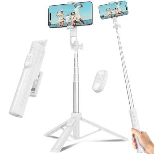 Selfie Stick Travel Tripod for Cell Phone with Remote Control and Phone Holder, Extendable Selfie Stick for iPhone, iPhone Tripod for Video Recording, 50 Inch, White - color: White, size: 50 Inch