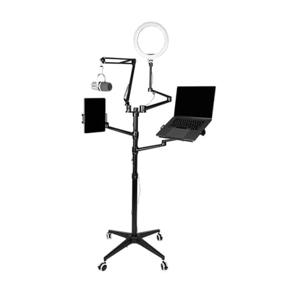 Gator Frameworks 5-in-1 Mobile Content Creator Streaming Stand with Wheeled Tripod Base – Includes Smartphone, Tablet, Laptop Clamps, Ring Light, and More! (GFW-STREAMSTAND-W) - style: Rolling Base