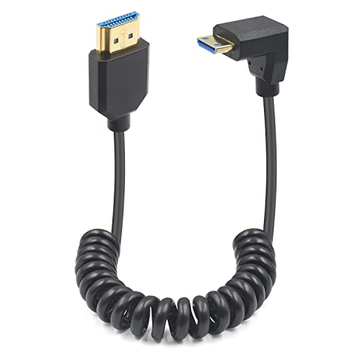 Duttek 90 Degree Mini HDMI to HDMI Coiled Cable, 48Gbps Ultra Thin Down Angled Mini HDMI Male to HDMI Male Cable Support 8K@60Hz for Projector, Monitor, Camcorder 4FT/1.2M - style: Down Angle Mini hdmi Male to HDMI Male