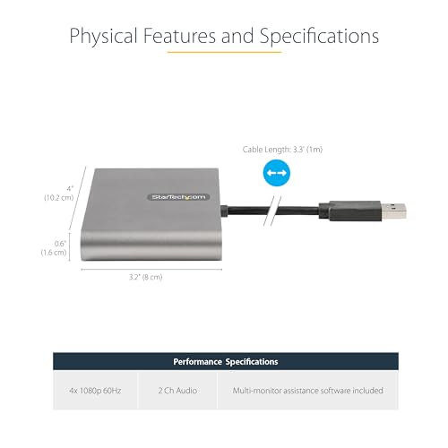 StarTech USB-A 3.0 to Quad HDMI Adapter, 1080p60, Windows, TAA (USB32HD4) - style: USB-A